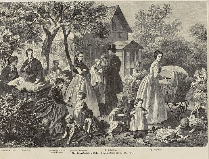 Eine Kinderpflegestätte Berlin mit Lina Morgenstern in der Mitte, Holzstich, 1872 Bild von Kinderpflegestätte in schwarz weiß
