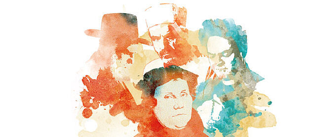 Farbliche Illustration von Martin Luther und drei anderen Personen.