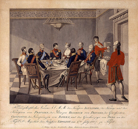 Meno Haas, Round Table in Tilsit: Napoleon and Queen Luise with Tsar Alexander, Frederick Wilhelm III and Joachim Murat (framed), 1807-1815. (Inv.Nr. Gr 80/124)