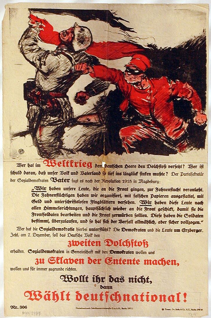 Plakat "Wählt Deutschnational" mit Text und einem rot gekleideten Mann, der einem Soldaten in den Rücken sticht..