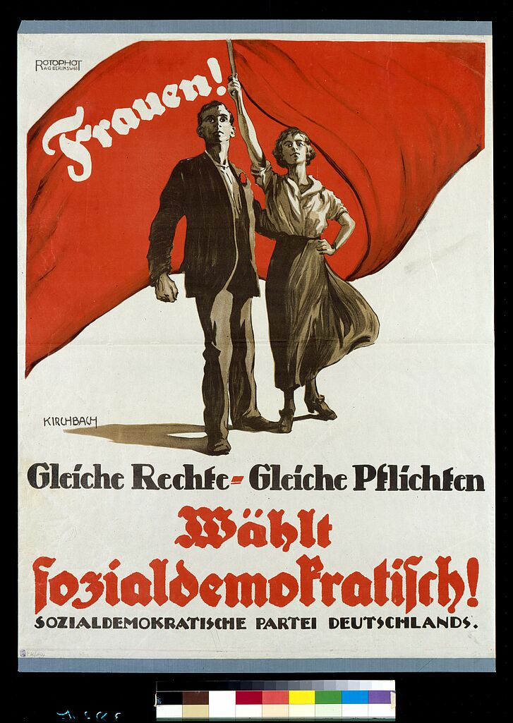 Wahlplakat der Sozialdemokratischen Partei mit Frau und Mann mit einer roten Flagge.