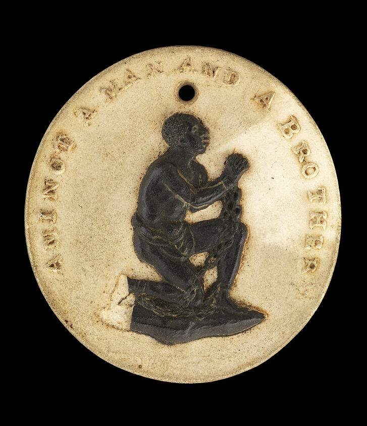 William Hackwood, Wedgwood Slave Emancipation Society medallion showing a kneeling slave and the words “Am I Not a Man and a Brother?”, England, ca. 1787/1790