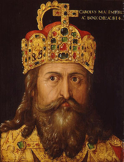Albrecht Dürer (Werkstatt), Idealbildnis Kaiser Karls des Großen (800-814), 1514. Albrecht Dürer (Werkstatt), Idealbildnis Kaiser Karls des Großen (800-814), 1514. Karl (gest. 814) galt im Mittelalter als derjenige, der den Deutschen das römische Kaisertum brachte. Er trägt das Kaiserornat und die Kaiserkrone, die damals in Nürnberg verwahrt wurde. (Inv.Nr. Gm 2003/8)