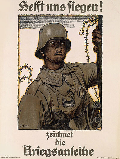 Fritz Erler, Plakat zur 6. Kriegsanleihe, 1917. Bei der Werbung für die 6. Anleihe entschied sich die Reichsbank für das Motiv nach dem Gemälde von Fritz Erler (1868-1940)., Dessen Soldat wurde zur Ikone des deutschen Weltkriegsplakats. (Inv.Nr. P 57/1438.4)