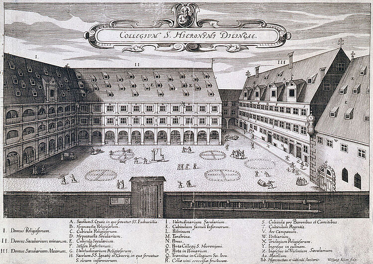 Wolfgang Kilian, Das Jesuitenkollegium St. Hieronymus in Dillingen, 1618/1620.  Die Kollegien trugen wesentlich zur Stabilisierung des Katholizismus in Deutschland bei. In Dillingen lehrte einige Zeit der Jesuit und Reformator des katholischen Bildungswesens in Deutschland, Petrus Canisius.  (Inv.Nr.Gr 53/1121)