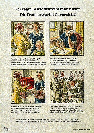 Bilderbogen zur Korrespondenz mit Frontsoldaten (Bunter Bilderbogen Nr. 3), um 1942. Bilderbogen zur Korrespondenz mit Frontsoldaten (Bunter Bilderbogen Nr. 3), um 1942. Ins Feld gehende Briefe berichteten häufig von Sorgen und Niedergeschlagenheit der Angehörigen. Um die Soldaten nicht zu demotivieren, sollten die Nachrichten aus der Heimat Zuversicht und Hoffnung ausstrahlen. (Inv.Nr. Do 56/1594.32)