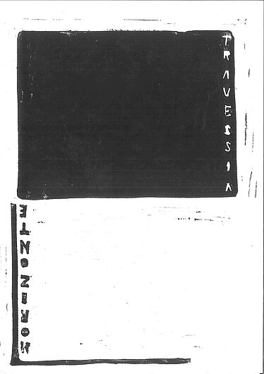 Schwarz-weißer Linolschnitt: Zwei Rechtecke übereinander – oben schwarzes Rechteck mit vertikalem weißem Schriftzug „TRAVESSIA“ (Portugiesisch für „Überquerung“); unten weißes Rechteck mit vertikalem schwarzem Schriftzug „HORIZONTE“ (Portugiesisch für „Horizont“).