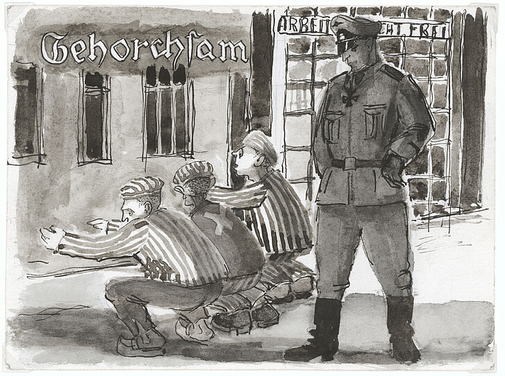 Vladimír Matějka, „Gehorsam“ aus dem neunteiligen Zyklus „Es gibt einen Weg zur Freiheit…“, Příbram, nach 1945 © Gedenkstätte und Museum Sachsenhausen, Oranienburg, IV 208 Tuschezeichnung