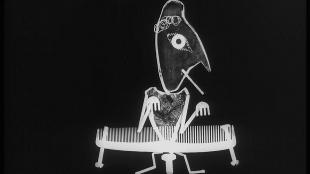 Ein vogelähnliches Fantasiewesen spielt auf einem Kamm, der so positioniert ist, wie ein Klavier.