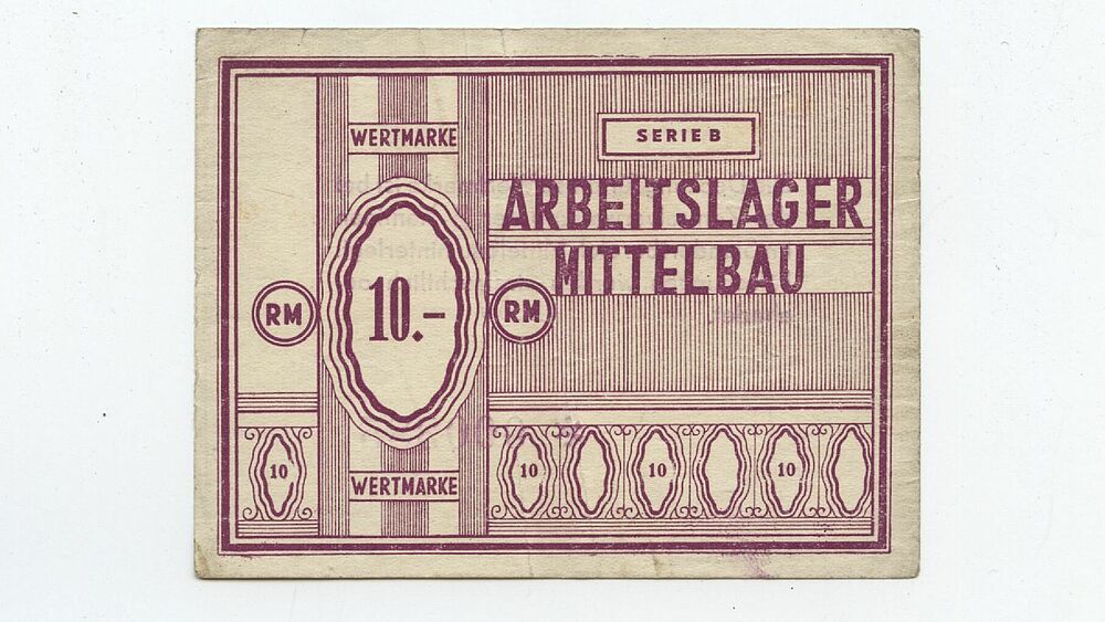 Vouchers from the Mittelbau Dora concentration camp worth 10 Reichsmarks and 25 and 5 Reich pennies 