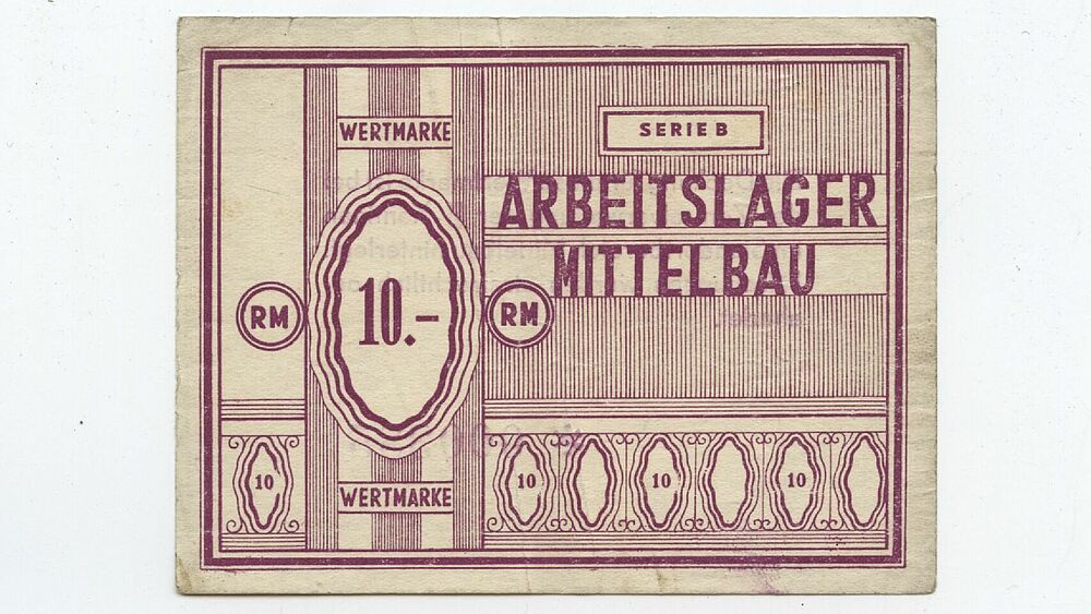 Wertcoupons des KL Mittelbau Dora in Höhen von 10 Reichsmark, 25 und 5 Reichspfennigen