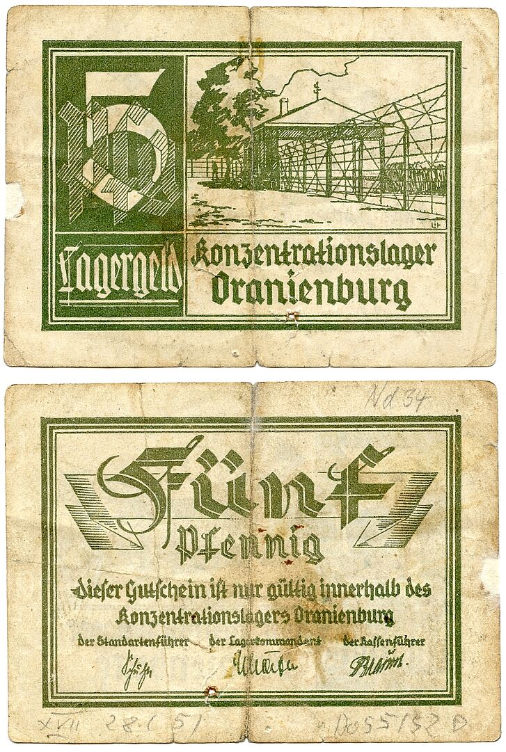 Vorder- und Rückseite des Lagergeldes vom KZ Oranienburg über 5 Pfennig.