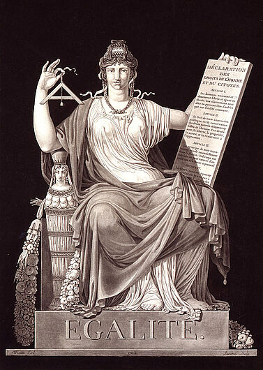 Jean Guillaume Moitte, Egalité - allegorisches Blatt, 1793. Die „Egalité“ präsentiert das Mauerlot als Symbol der Gleichheit und die Gesetzestafeln mit der Erklärung der Menschenrechte. (Inv.Nr. Gr 95/137)