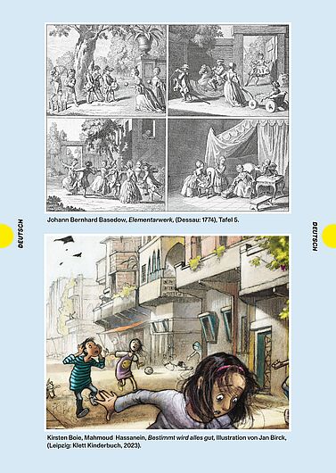 Auf hellblauem Hintergrund sind übereinander zwei Kinderbuch-Illustrationen platziert: ein schwarz-weißer Kupferstich und eine farbige Bleistift- und Aquarellzeichnung. Der Kupferstich ist in vier gleich große Felder unterteilt, die Spiel- und Erziehungsszenen des 18. Jahrhunderts zeigen. Die farbige Bleistift- und Aquarellzeichnung zeigt eine enge Gasse in einem städtischen Viertel mit mehrstöckigen Gebäuden. Im Vordergrund läuft ein Mädchen mit dunklen Haaren und rosa Haarband, ihr Blick wirkt erschrocken oder aufgeregt. Hinter ihr rennen zwei weitere Kinder: ein Junge im gestreiften Shirt, der sich die Ohren zuhält, und ein Mädchen im lila Kleid. Sie schauen erschrocken nach oben.