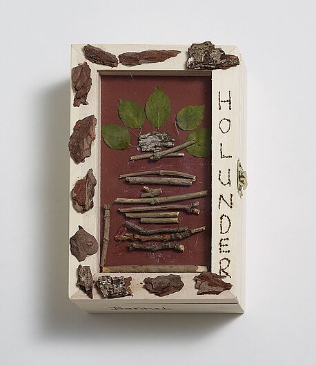 Holzkasten mit rotbraunem Deckel auf weißem Hintergrund, von oben fotografiert. Drei grüne Holunderblätter in der oberen Deckelhälfte und zwölf parallel gelegte Zweige unten. Rahmen mit Rinde beklebt, die Aufschrift „HOLUNDER“ im rechten Rahmen eingebrannt.