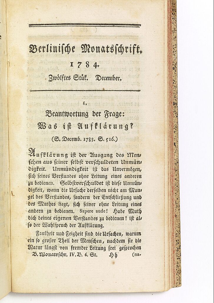 Title page of Immanuel Kant’s essay “Answer to the Question: What is Enlightenment?”, in: Berlinische Monatsschrift, Berlin, 1784 
