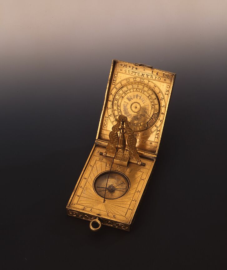 Reisesonnenuhr mit Kompass, 1614, Messing 
