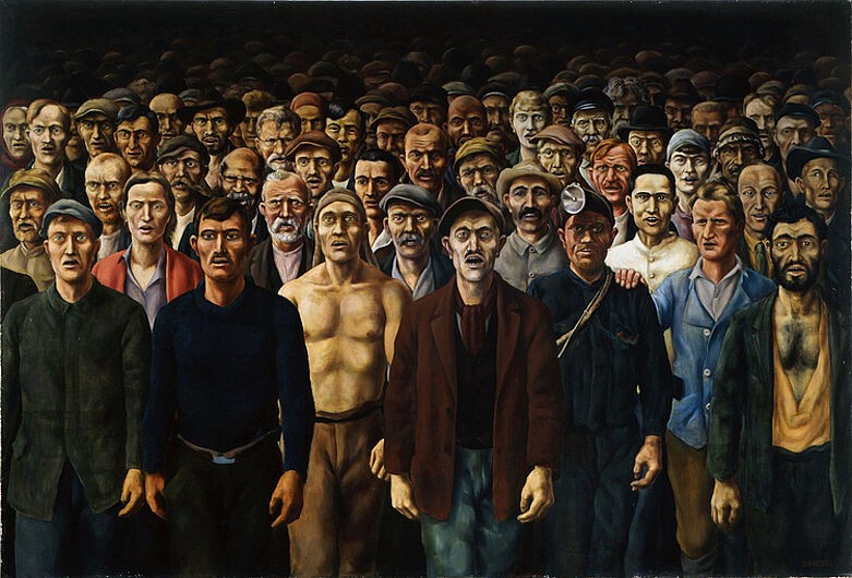 Otto Griebel, Die Internationale, 1929-1930. Griebels Gemälde gilt als Beispiel proletarisch-revolutionärer Kunst: Arbeiter unterschiedlicher Nationalität singen zusammen die Internationale. Der Künstler illustrierte das kommunistische Ideal eines gemeinsam vorwärtsschreitenden Weltproletariats, (Inv.Nr. Kg 62/61)