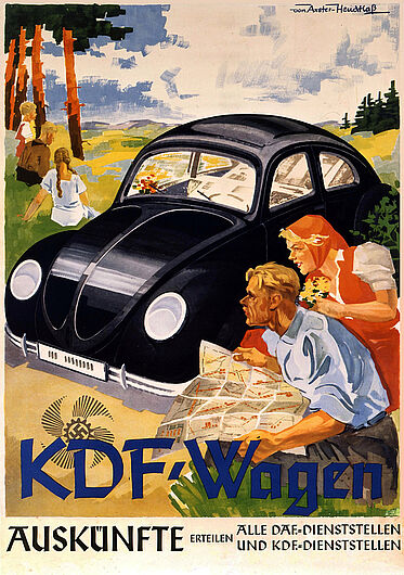 Maria von Axster, Werbeplakat der nationalsozialistischen Organisation Kraft durch Freude für den Volkswagen, 1938. Das Plakat versprach einen idyllischen Ausflug ins Grüne durch Mobilität mit dem KdF-Wagen. Vergleichbare Projekte zum Bau von preiswerten Kleinwagen gab es zeitgleich auch in Italien und Frankreich. (Inv.Nr. P 96/127)