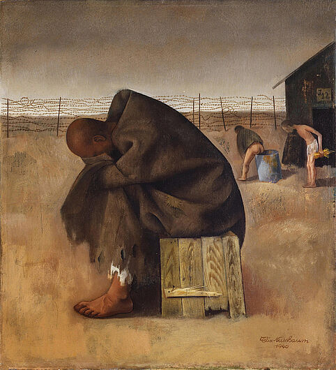 Felix Nussbaum, Im Lager (Gefangenenlager/ St. Cyprien), 1940. Felix Nussbaum, Im Lager (Gefangenenlager/ St. Cyprien), 1940. Der jüdische Maler Felix Nussbaum emigrierte 1935 nach Belgien. Nach dem deutschen Einmarsch 1940 wurde er ins französische Internierungslager St. Cyprien deportiert. Von dort gelang ihm die Flucht zurück nach Belgien. Auf diesem Gemälde drückte Nussbaum die im Lager erlebte Verzweifelung und Hoffnungslosigkeit aus. (Inv.Nr. 1987/149)