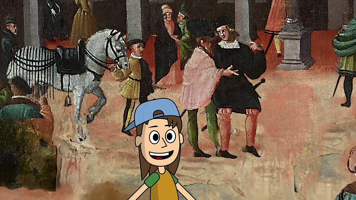 Eine Comicfigur steht mit zu uns gedrehtem Gesicht vor einem historischen Gemälde mit Pferden und historisch gekleideten Personen.