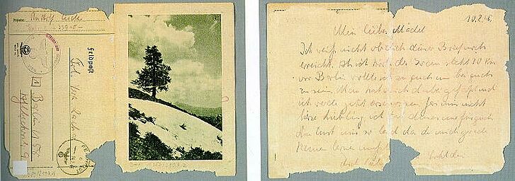 Vorder- und Rückseite eines Briefes mit Bild von einer Landschaft.