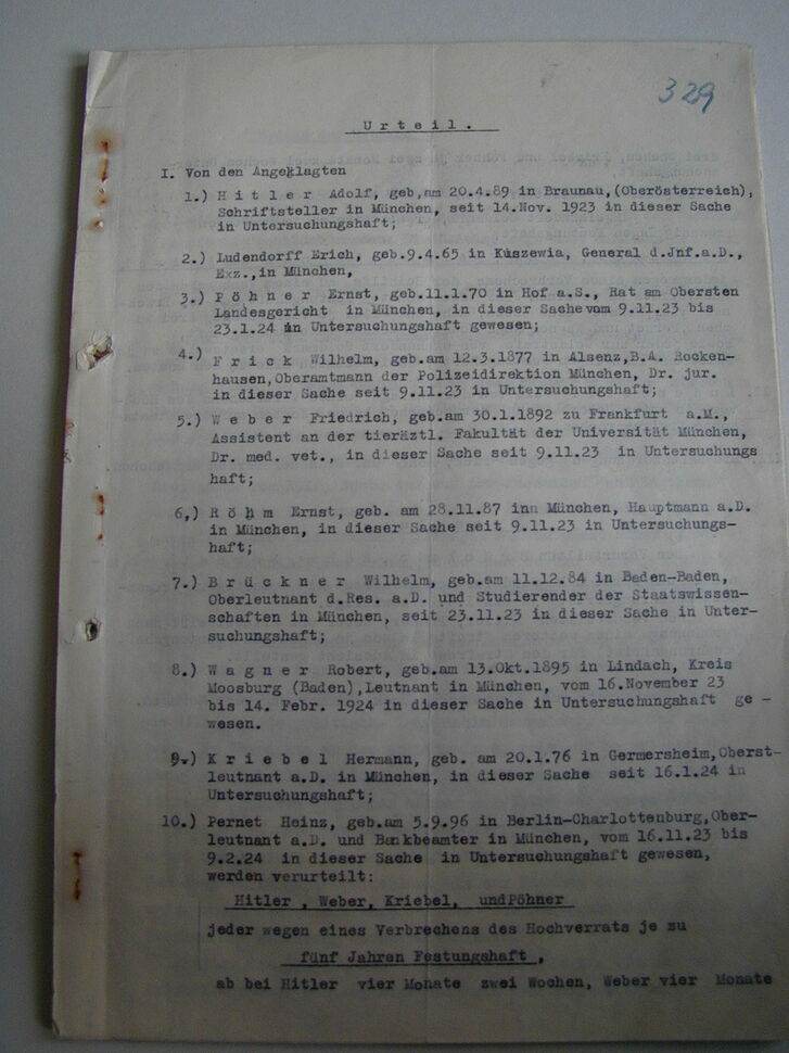 Erste Seite des Urteils im Hitler-Ludendorff-Prozess.