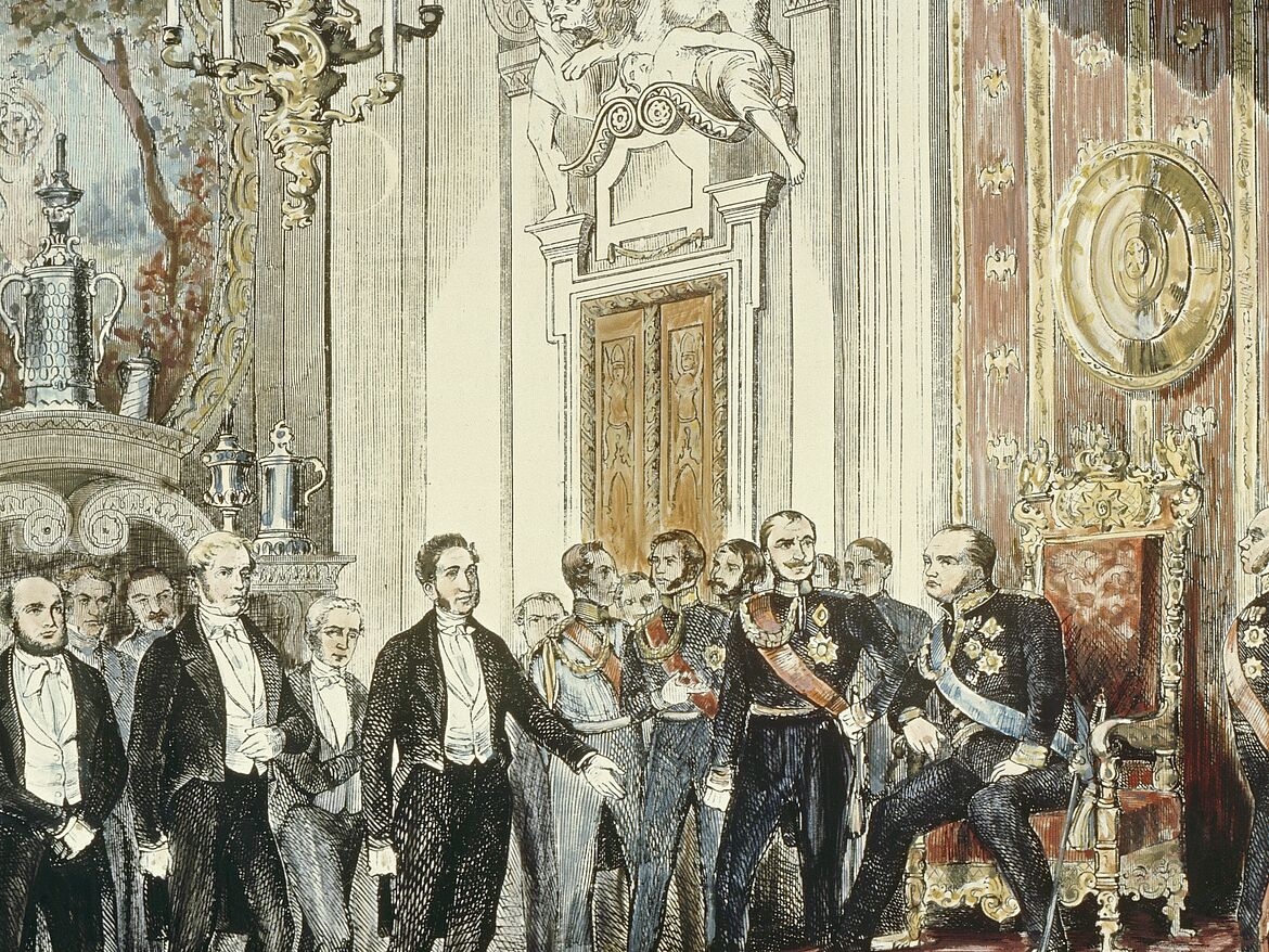 Dem preußischen König Friedrich Wilhelm IV. wird von der Deputation der Frankfurter Nationalversammlung am 3. April 1849 im Rittersaal des königlichen Schlosses in Berlin die deutsche Kaiserkrone angetragen Dem preußischen König Friedrich Wilhelm IV. wird von der Deputation der Frankfurter Nationalversammlung am 3. April 1849 im Rittersaal des königlichen Schlosses in Berlin die deutsche Kaiserkrone angetragen.
