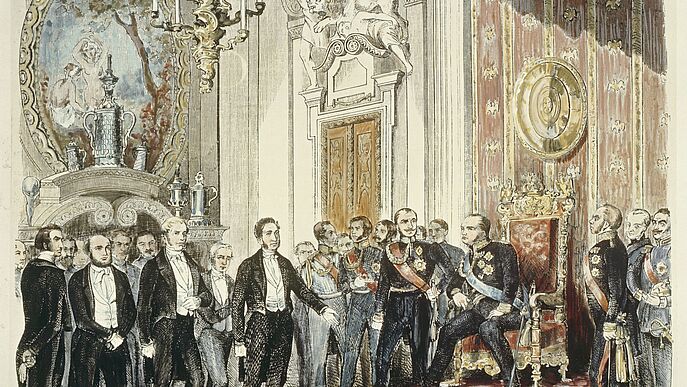 Dem preußischen König Friedrich Wilhelm IV. wird von der Deputation der Frankfurter Nationalversammlung am 3. April 1849 im Rittersaal des königlichen Schlosses in Berlin die deutsche Kaiserkrone angetragen.