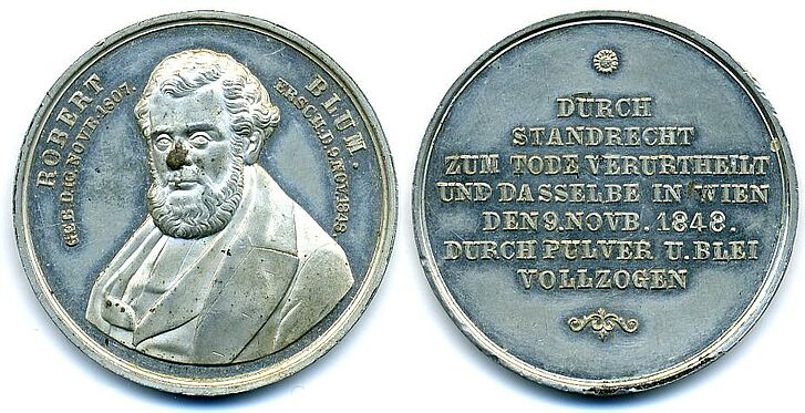 Vorder- und Rückseite einer Medaille mit Büste eines Mannes und Text. 