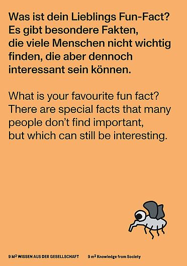 Orangefarbene Aktivierungskarte mit der Frage: „Was ist dein Lieblings Fun-Fact? Es gibt besondere Fakten, die viele Menschen nicht wichtig finden, die aber dennoch interessant sein können.“ Unten rechts stilisierte Fliegen-Illustration.