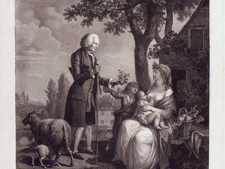 Kupferstich aus dem 18. Jahrhundert mit der Bildunterschrift „JEAN JACQUES ROUSSEAU / OU L