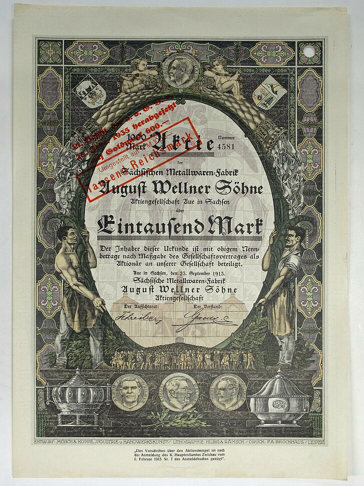 Aktienscheint über 1000 Mark mit Text und Illustrationen.