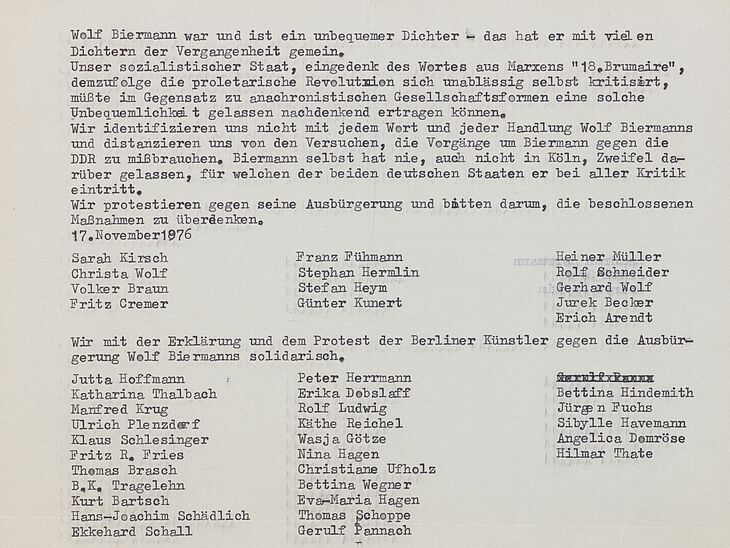 Ausschnitt eines Protestbriefes gegen die Ausbürgerung Biermanns, Ost-Berlin 1976