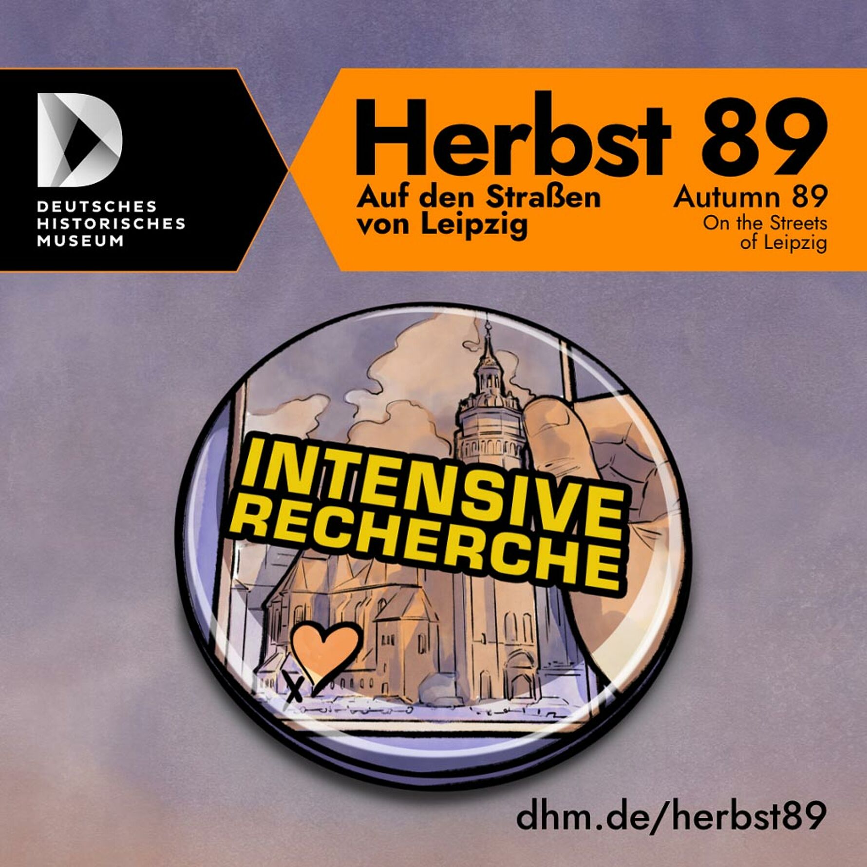 Ein runder Knopf, auf dem eine Stadt und "Intensive Recherche" illustriert ist.