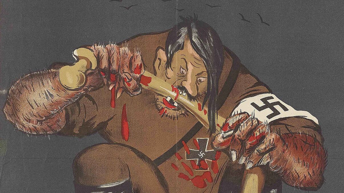Plakat mit einer Karikatur von Adolf Hitler als menschenfressende Bestie
