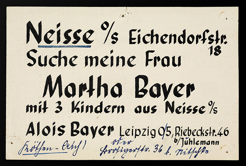 Alois Bayer, Handgeschriebene Suchanzeige eines Mannes aus Neisse, 1945. (Inv.Nr. DG 65/790.2)