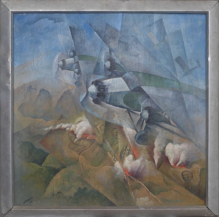 Alfredo Gauro Ambrosi, Bombardement in Ostafrika, Trient, 1936 © Museo dell’aeronautica Gianni Caproni (Fondazione Museo storico del Trentino), C00222 Gemälde