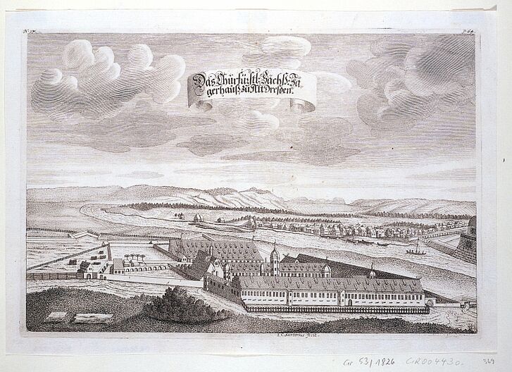 Zeichnung einer Landschaft mit Jägerhaus.