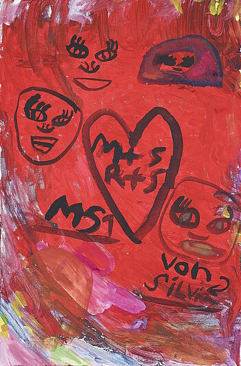 Rotes Gemälde mit vier comic-haften Gesichtern, einem Herz mit Aufschrift „M+S R+S“ sowie den Schriftzügen „MS1“ und „von Silvie“.