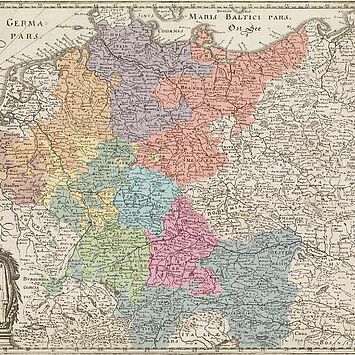 Historische Karte mit farblich markierten Gebieten.