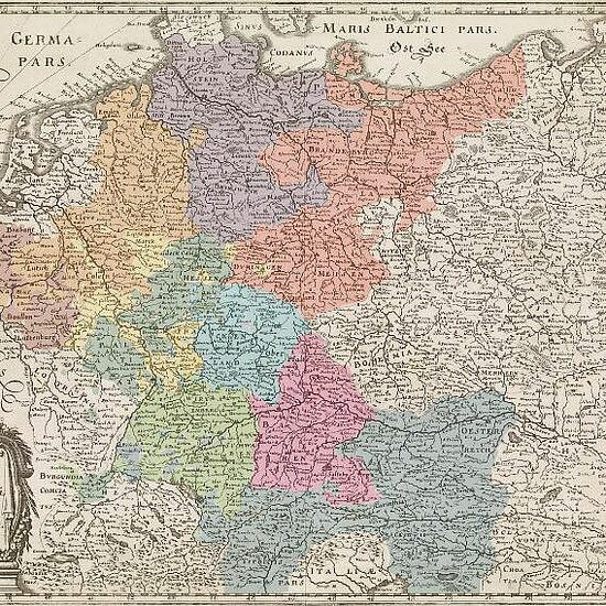 Historische Karte mit farblich markierten Gebieten.