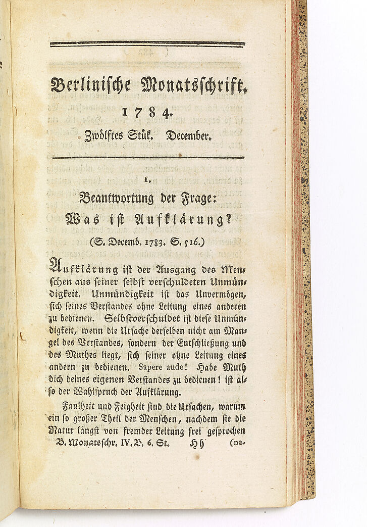 Titelseite von Immanuel Kants Aufsatz „Beantwortung der Frage: Was ist Aufklärung?“, in: Berlinische Monatsschrift, Berlin, 1784 