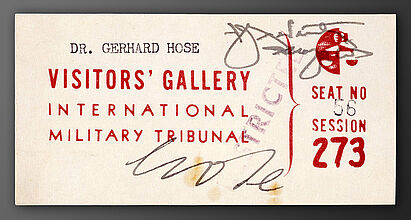 International Military Tribunal, Admission Ticket for Visitors of the Nuremberg War Crimes Trial, November 1945. International Military Tribunal, Admission Ticket for Visitors of the Nuremberg War Crimes Trial, November 1945. (Inv.Nr. 1989/133)