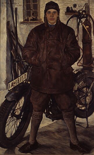 Die Berliner Künstlerin Lotte Laserstein malte „Am Motorrad“ im Jahr 1929. Modell stand ihr Cousin Kurt Lazaros mit seinem Motorrad 