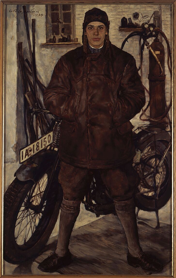 Laserstein, Lotte (1898-1993): Am Motorrad, Öl auf Holz, 1929 Frau vor Motorrad