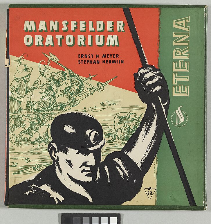 Schallplattenhülle mit Illustrationen von einem Mann und einer Schlacht und Text.