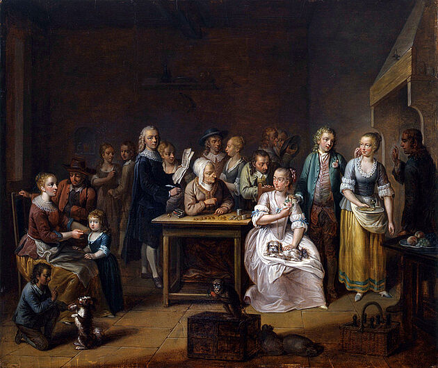 Johann Daniel Bager, Der Heiratskontrakt, 1762.  Die Mitgift war ein zentraler Punkt eines Ehevertrages. Während der Notar die Geldbeträge notiert und die Ehevermittlerin mit der Braut spricht, wendet sich der Bräutigam der hübschen Dienstmagd zu. (Inv.Nr. 1988/296)