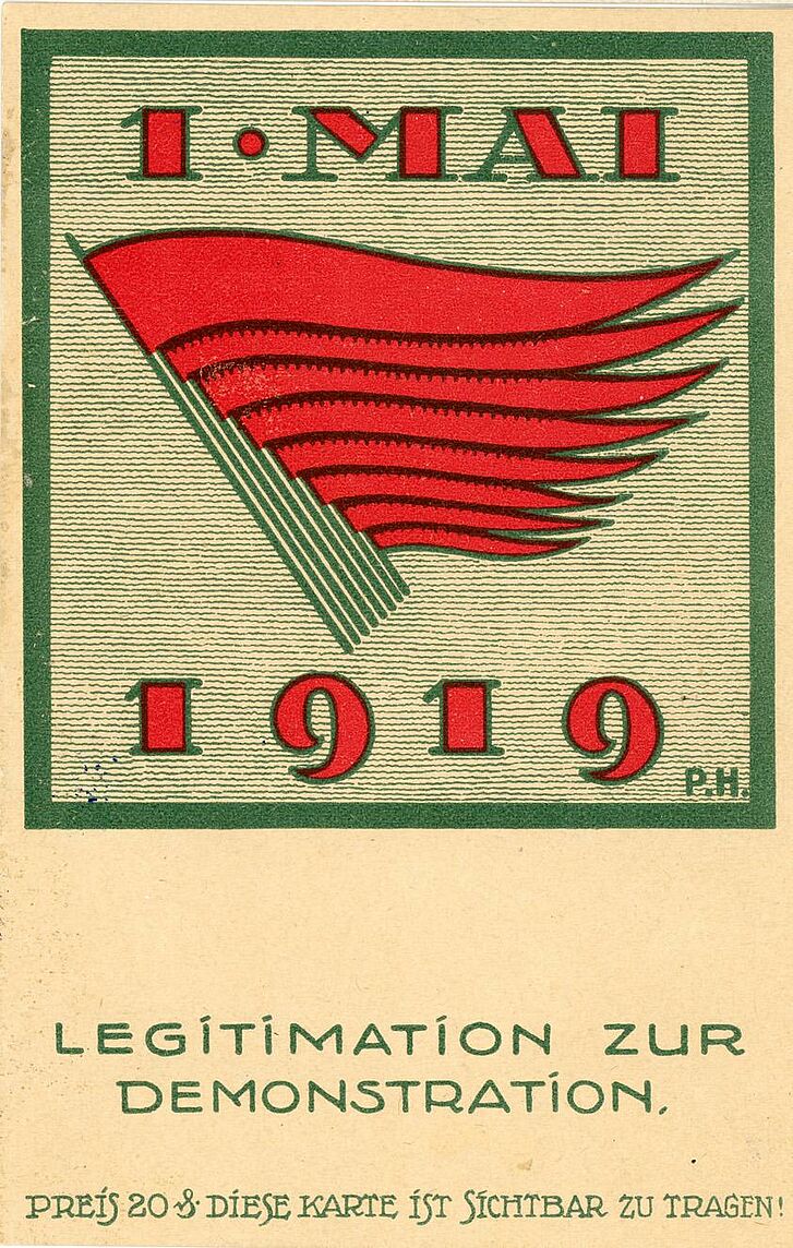 Postkarte 1.Mai 1919 mit rotter Flagge.