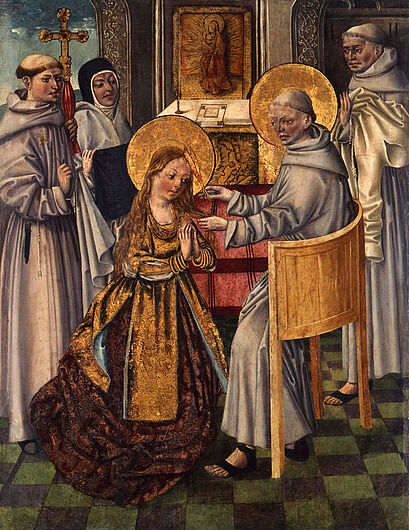 Eintritt der Heiligen Klara ins Kloster im Jahre 1212, um 1500. Eintritt der Heiligen Klara ins Kloster im Jahre 1212, um 1500. Klara (1194-1253) gründete den Klarissenorden nach dem Armutsideal des Franz von Assisi. Frauen in ganz Europa fühlten sich von dieser Form weiblicher Frömmigkeit angesprochen. Der Orden fand großen Zulauf. (Inv.Nr. 1986/12)